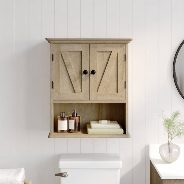 Flash Furniture Dune Farmhouse Wall Mounted Bathroom Medicine Cabinet Storage Organizer w/2 Magnetic Closure Doors FS-BATH-7-BR-GG - main